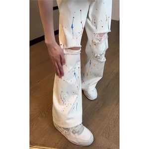 美式高街破洞泼墨牛仔裤男夏季微喇薄款潮牌痞帅炸街显腿直筒长裤图片