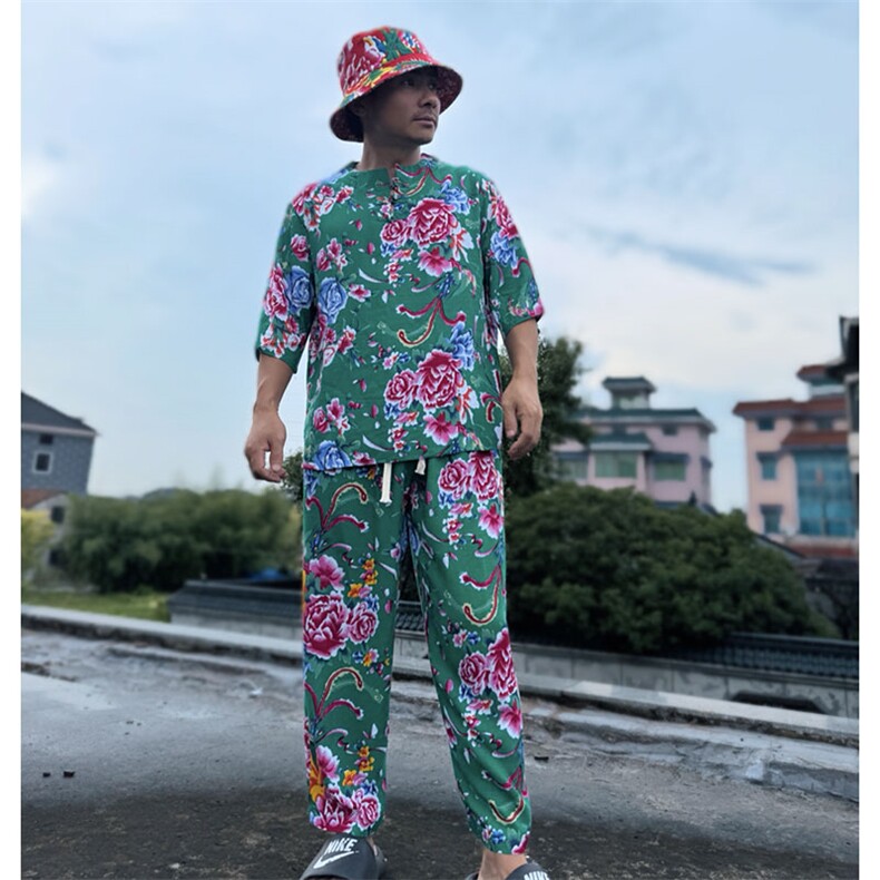 TZ340男士夏秋风大花套装大码宽松凉爽透气个性外套可作睡衣,男装休闲套装,星座115A-2