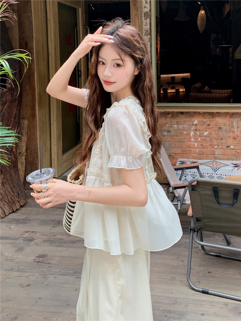 超仙时尚雪纺套装女2026夏新款半透减龄无袖木耳边阔腿裙裤两件套,女装套装/套裙,水衣源