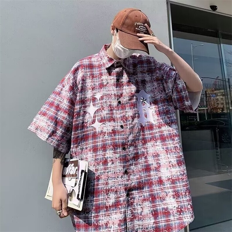 格子短袖衬衫男夏季日系复古休闲 HS37 P38图片