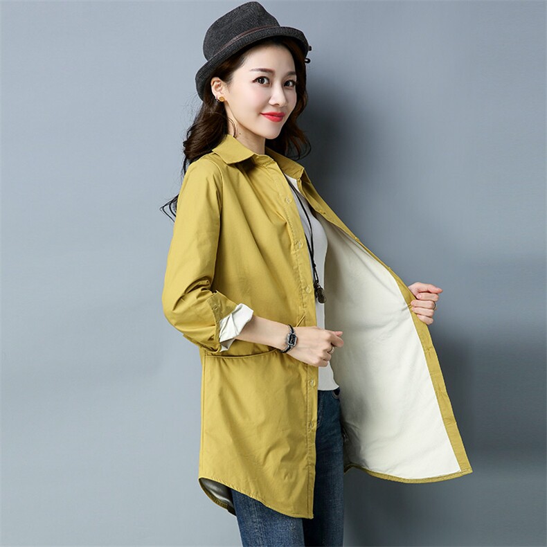 长袖直筒纯色2025年冬季中长款加绒衬衫排多扣时尚百搭休闲，女装衬衫，风姿绰