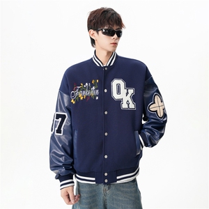 JK5872-P85 美式拼接刺绣PU皮撞色棒球服飞行员夹克外套 控149图片