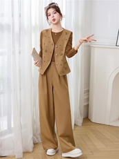 2026春装新款简约时尚休闲钉珠三件套套装，女装套装/套裙，芭米依尚