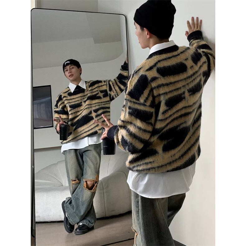 美式情侣宽松慵懒风软糯针织衫秋季潮牌复古条纹毛衣男鹿毛绒毛衣,男装针织衫/毛衣,四季星座505