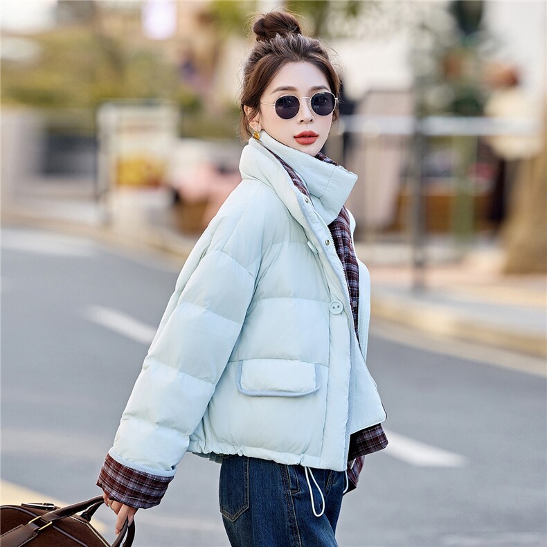 新款挂脖围巾加厚格纹拼接羽绒服2025年冬季时尚潮流,女装羽绒服,鑫鑫美