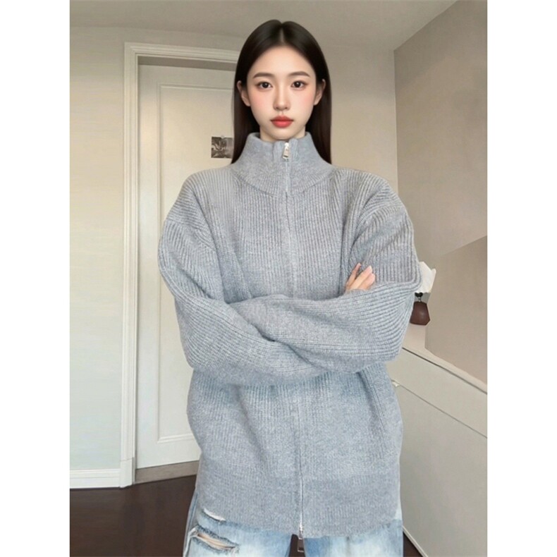 重磅秋冬北极绒双拉链毛衣开衫美式复古休闲慵懒风宽松针织衫外套,男装针织衫/毛衣,电商A486-1