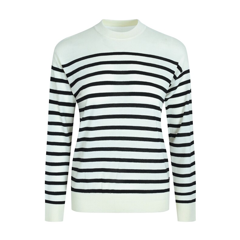 2025年秋季新款针织黑白条纹圆领羊毛衫时尚休闲通勤百搭，女装羊毛衫，宋氏羊绒