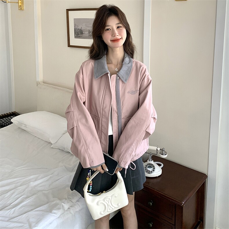 粉色学院风工装外套女2025春季新款设计感小众减龄小个子翻领上衣,女装短外套,维壹