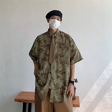 夏季美式复古男女生短袖宽松休闲花衬衫潮流半袖衬衣CA108-P28，男装T恤，星座208-5