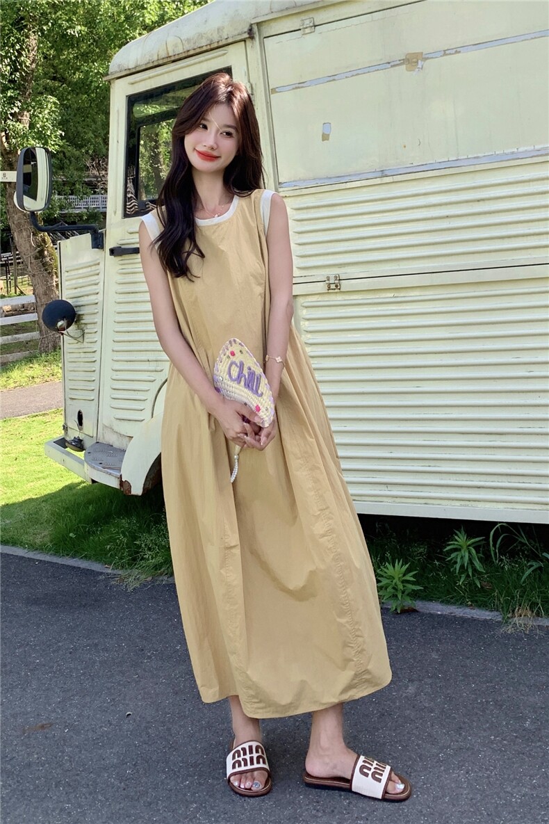 黄色气质无袖背心连衣裙女夏季2025新款法式超好看掐腰a字大摆裙,女装连衣裙,2C159
