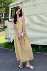 黄色气质无袖背心连衣裙女夏季2025新款法式超好看掐腰a字大摆裙，女装连衣裙，2C159