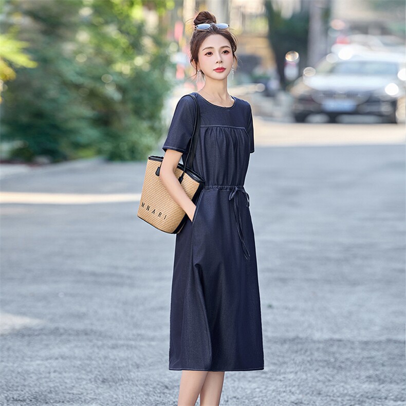 短袖休闲天丝牛仔连衣裙女2024夏季新款韩版薄款收腰显瘦中长裙子,女装连衣裙,姿衣坊