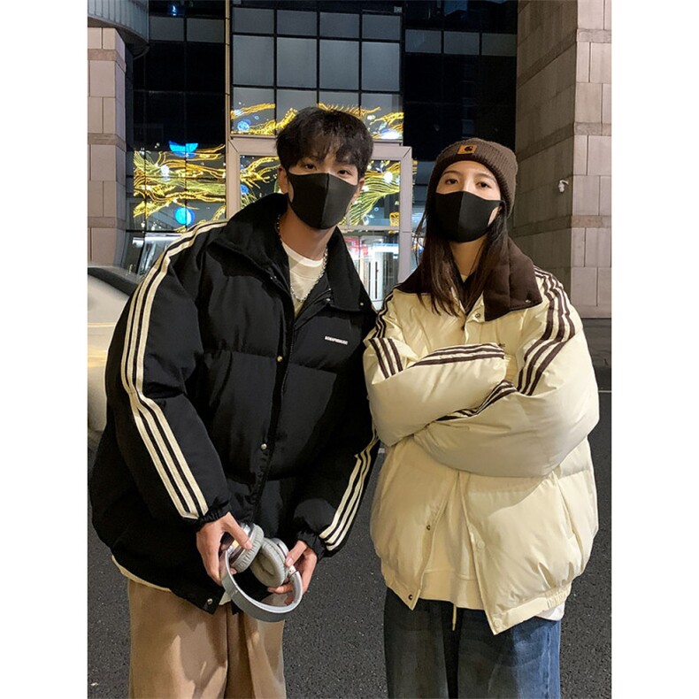 黑色条纹情侣装棉衣男2025冬季新款加厚棉袄小个子羽绒棉服外套男图片