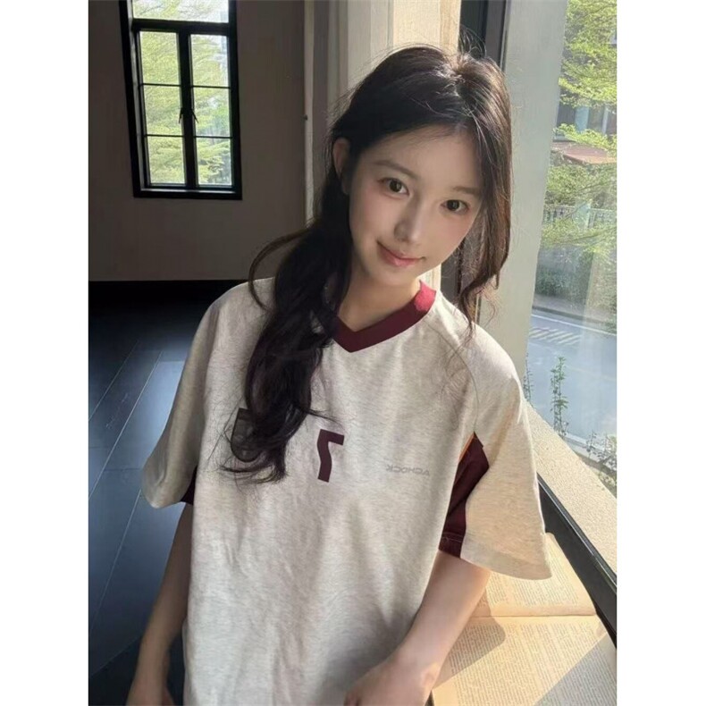 H0834-P35好质量原版做法螺纹领+包边拉肩休闲短袖T恤，女装T恤，星座617A-2