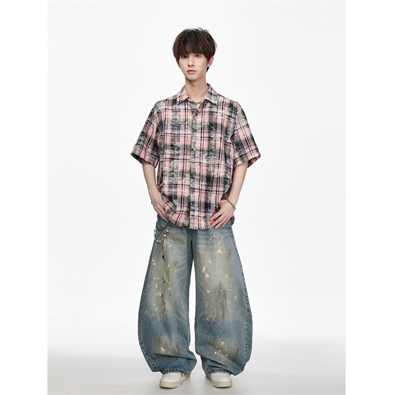 粉红色格子扎染短袖衬衫男美式做旧破坏翻领衬衣夏季防晒短款寸衫,男装T恤,电商B367
