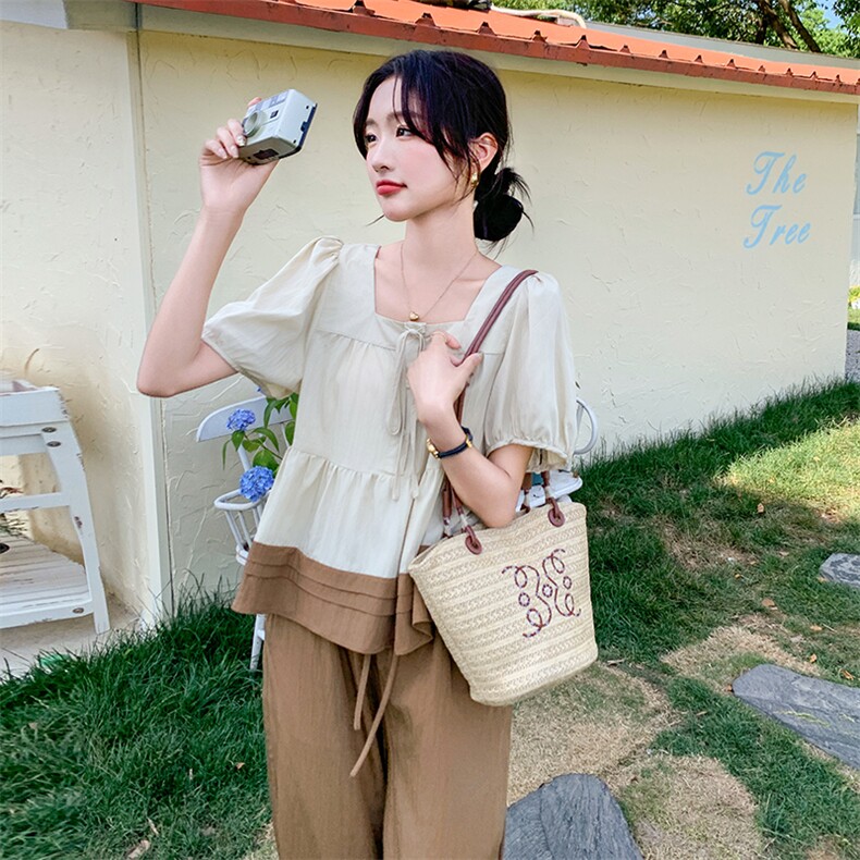 慵懒松弛感休闲套装女2025夏季穿搭一整套泡泡袖上衣阔腿裤两件套,女装套装/套裙,维壹