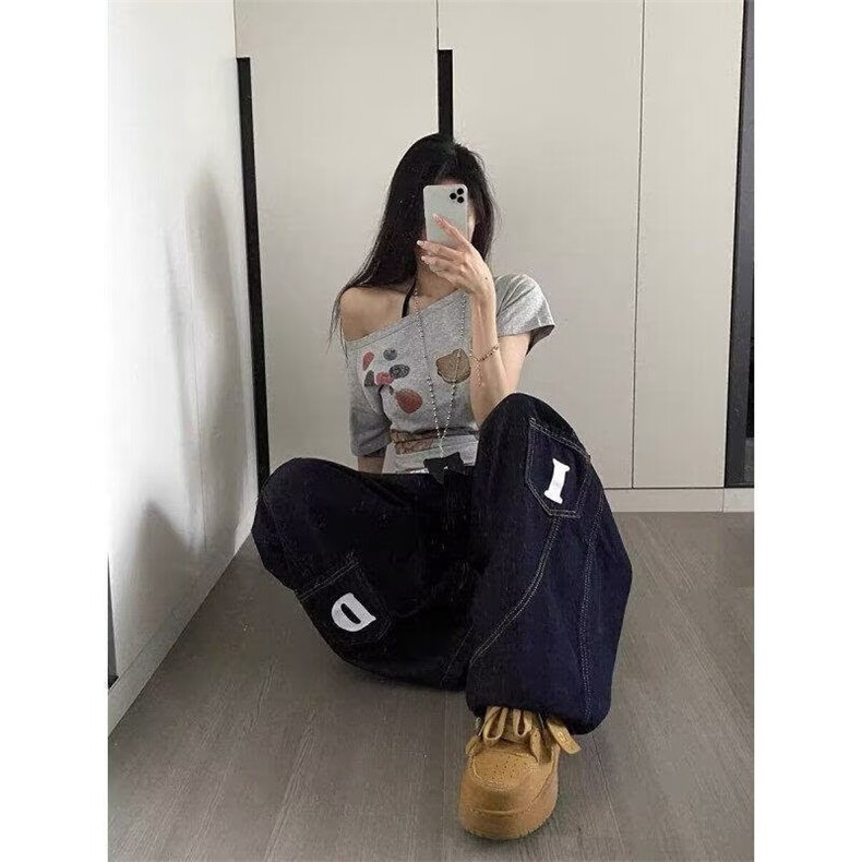 26@美式复古阔腿弯刀宽松刺绣廓形多口袋牛仔长裤K71236-P55网图,男装休闲裤,电商B245