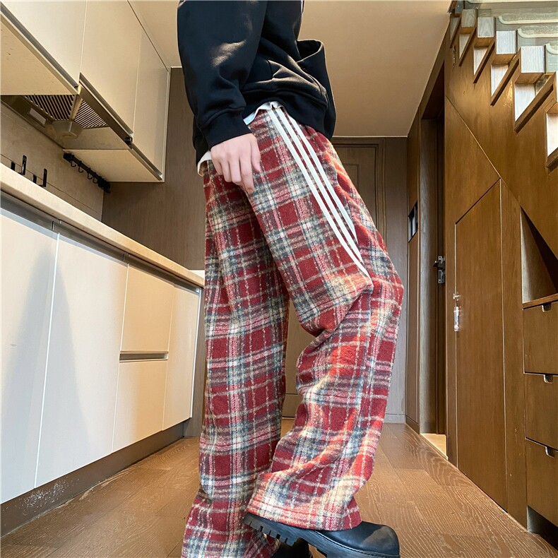 抖音品质秋冬新款复古格子条纹宽松休闲裤B315-K826-特p40控78,男装休闲裤,电商B315