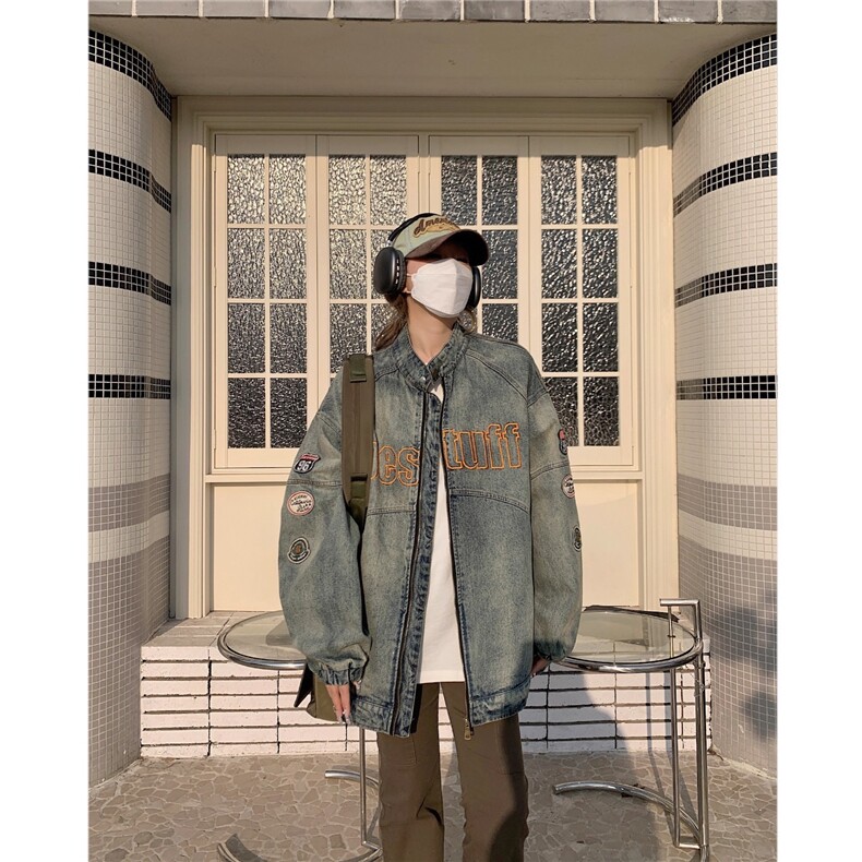 机车风牛仔外套男水洗做旧潮刺绣宽松复古高街夹克上衣HH8899P70,男装工装外套,星座1013-5