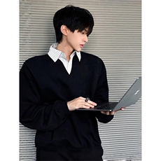 条纹衬衫领假两件卫衣男款高级感V领Polo衫秋季学院风外套W208，男装Polo衫，星座1116A（原606A-3）