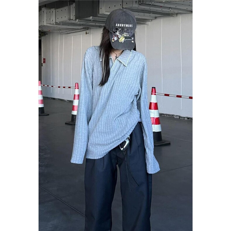 网图慎用纹理感老钱风手缝线翻领长袖T恤男宽松T24524-特P40控78,男装T恤,电商A001-1