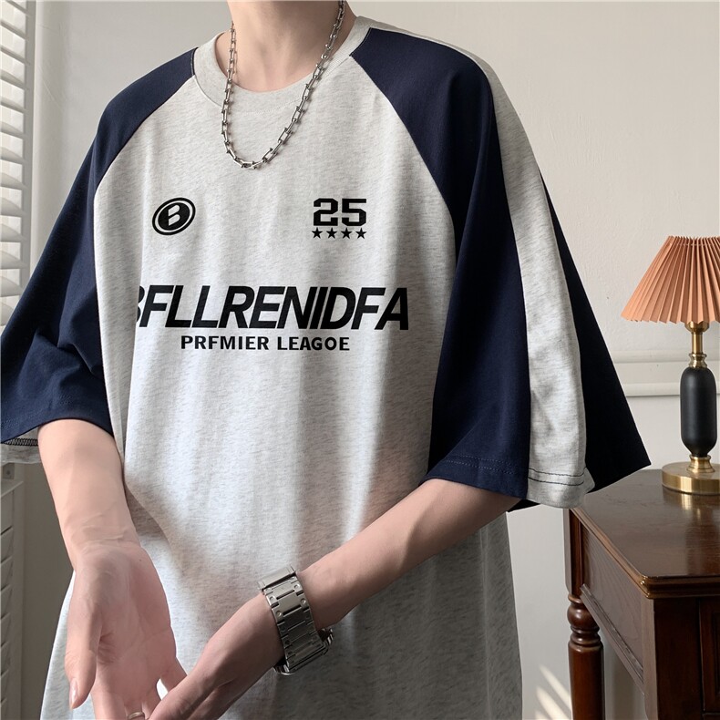 美式复古拼色插肩短袖T恤男潮牌宽松百搭情侣款纯棉重磅半袖上衣,男装T恤,星座1013