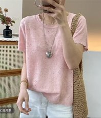镂空短袖精仿6羊毛，女装T恤，源达羊绒