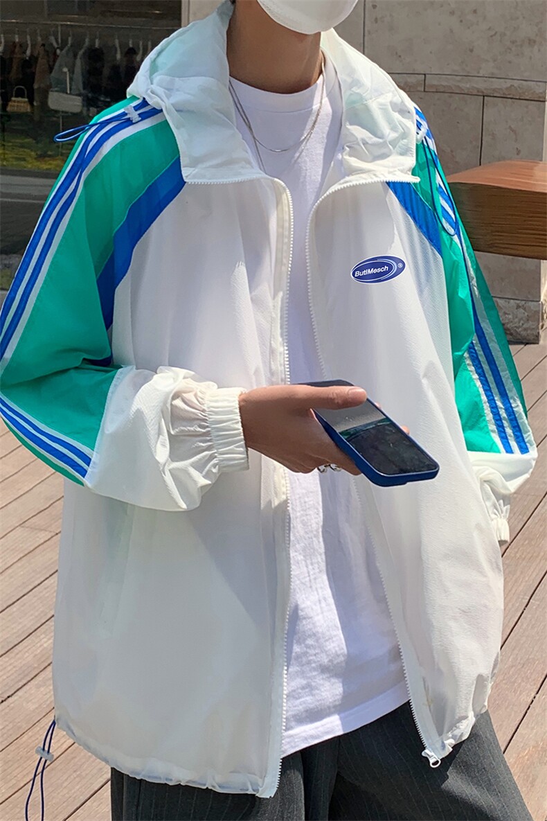港风夏季潮流宽松撞色连帽外套防晒服男F608P55控68,男装防晒衣,电商A268A