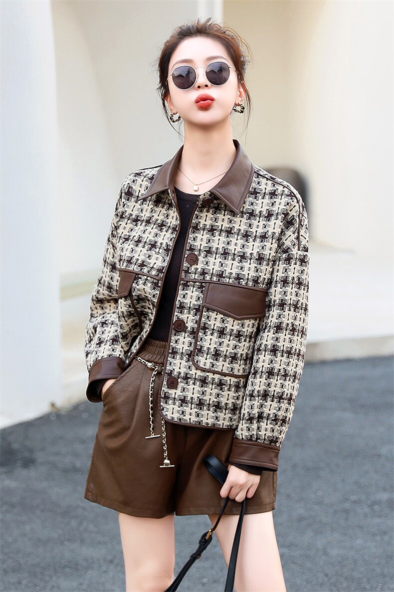 小个子毛呢女2025春秋新款复古法式高级感减龄pu皮短裤,女装短外套,丽美静依