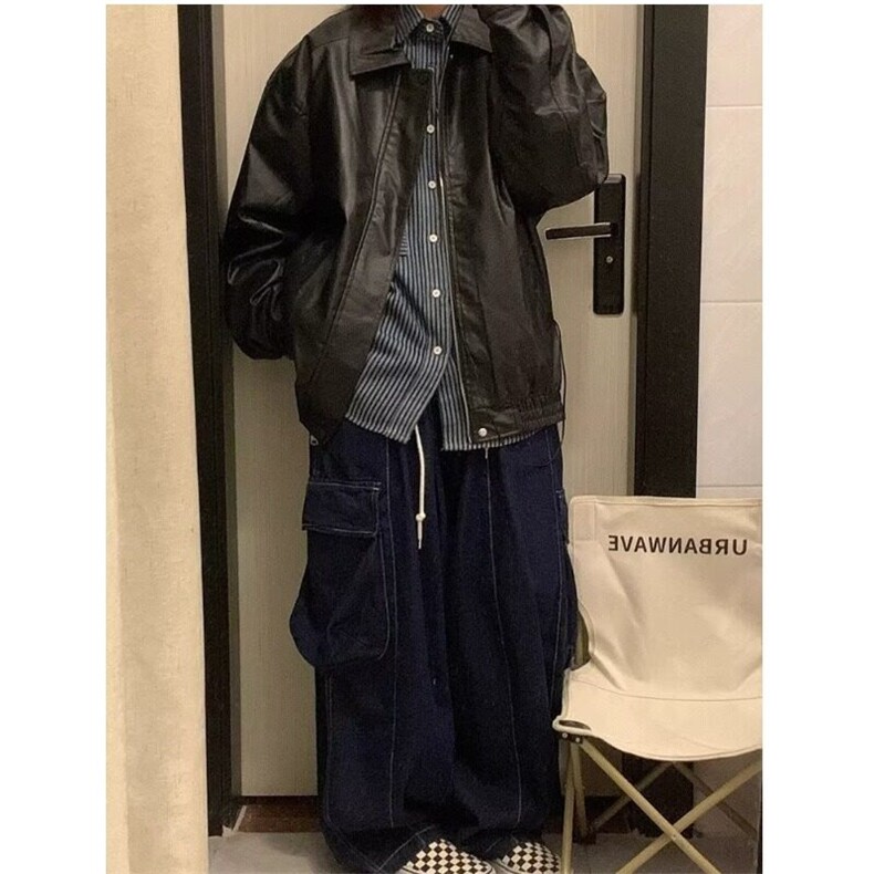 宽松型休闲常规款青少年日系复古pu咖啡色机车皮衣外套男翻领,男装夹克,星座506A