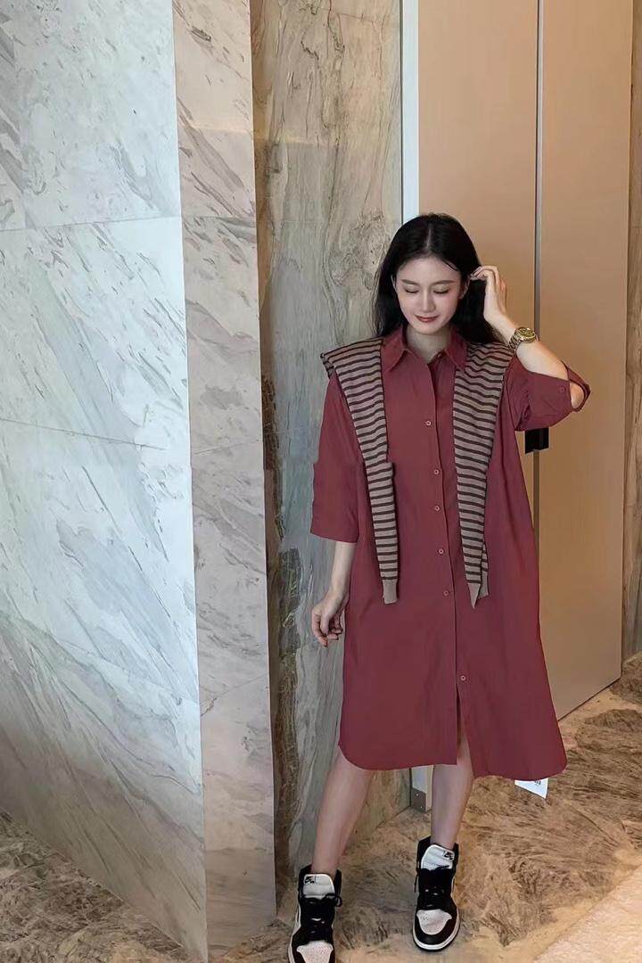 秋季披肩衬衫裙，女装衬衫，吉之红