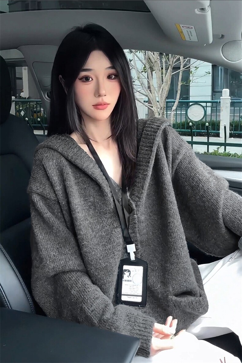 灰色开衫连帽毛衣男款秋季松弛感慵懒风针织衫情侣高级感叠穿外套,男装针织衫/毛衣,电商A102B