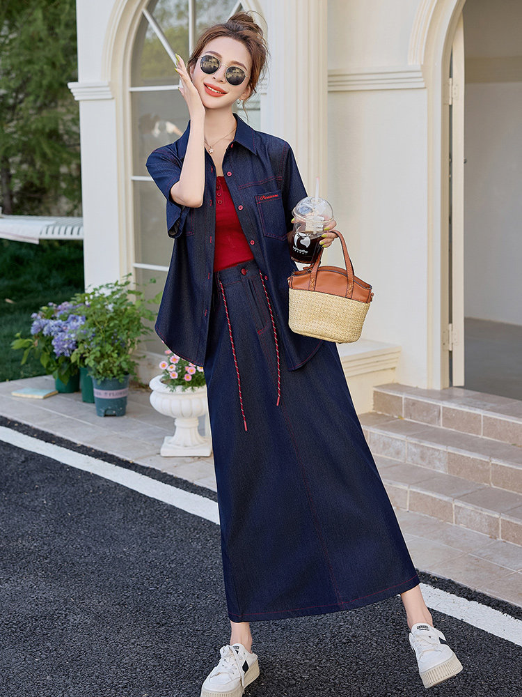 （新款现货）2026夏装新款时尚天丝牛仔大版衬衫+长裙（两件套）,女装套装/套裙,印象茜
