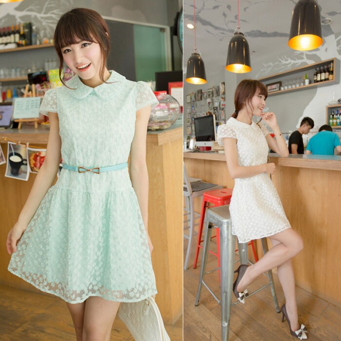 甜美蕾丝连衣裙女夏季新款韩版修身显瘦短袖小清新裙子，女装连衣裙，秋牧寒烟