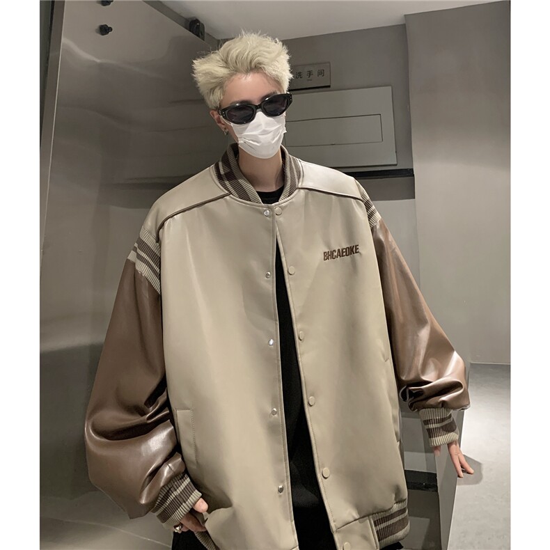 港风美式复古拼接罗纹pu棒球服情侣皮衣夹克外套男女G1094P108,男装夹克,电商A339
