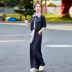 牛仔套装女2025开春季新款超火韩系甜美小香风减龄蕾丝阔腿裤穿搭图片