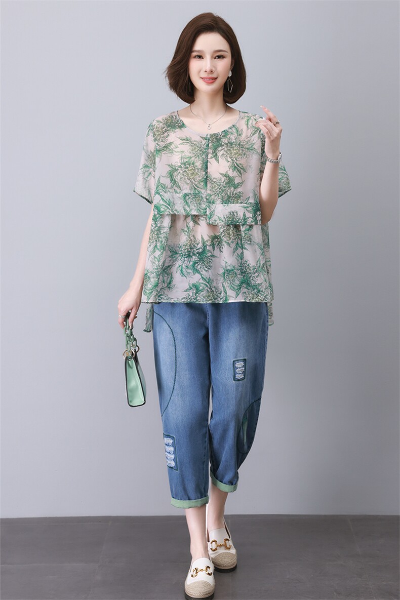 时尚休闲印花套装女宽松显瘦大码两件套夏季新款潮流百搭上衣牛仔裤,女装套装/套裙,叶笙衣