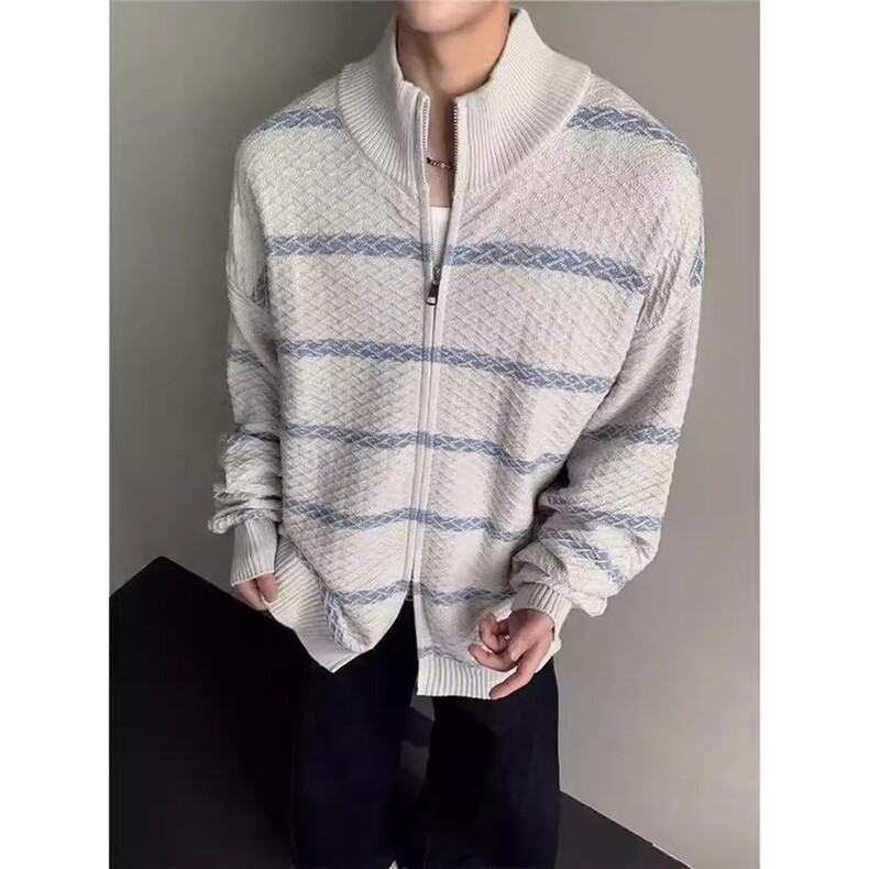 港风秋款男立领毛衣条纹开衫针织衫拉链外套线衣M5336P65,男装针织衫/毛衣,星座1013-1