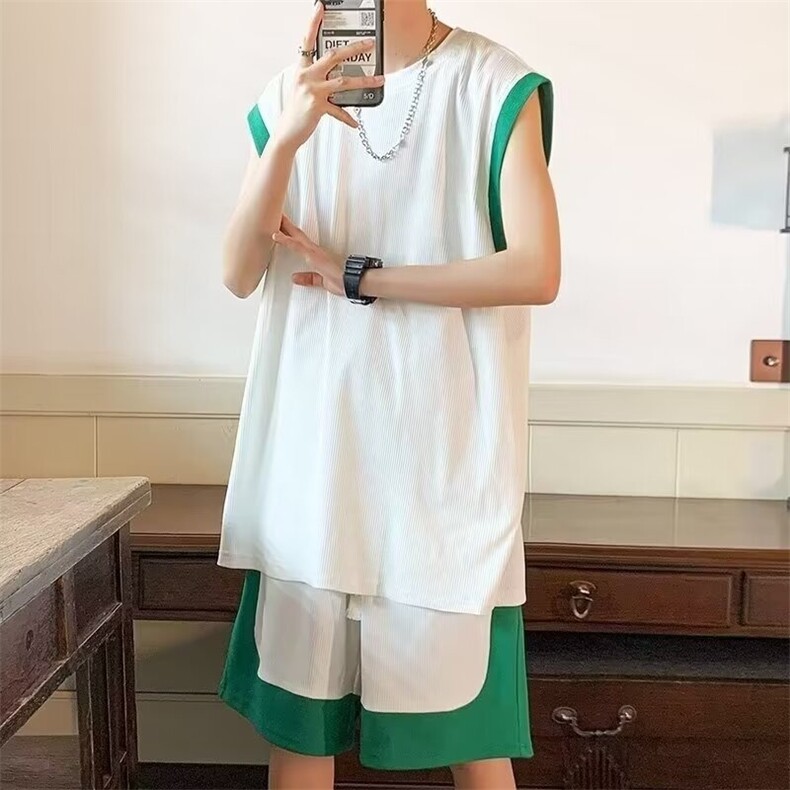 W331-P45冰丝运动套装2025夏季男生酷帅一套休闲短裤背心两件套,男装牛仔裤,星座911-1