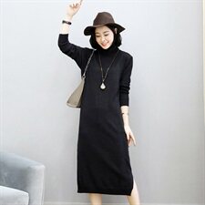 长裙潮流舒适宽松简约长袖2020年冬季高领纯色连衣裙，女装连衣裙，安之芮娜