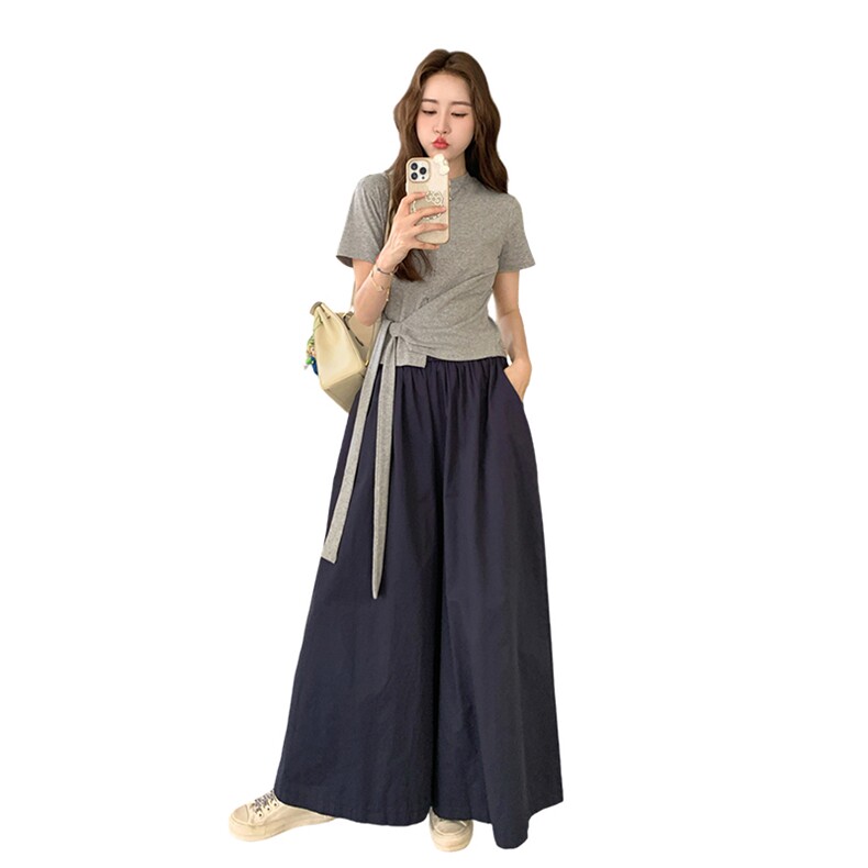 设计感不规则短袖套装女2025夏新款休闲系带上衣显瘦阔腿裤套装女,女装套装/套裙,浙宝220