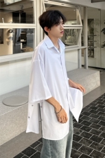 新款纯色侧边排扣开叉小众男女短袖衬衫A071-C17-P35，男装衬衫，电商A071