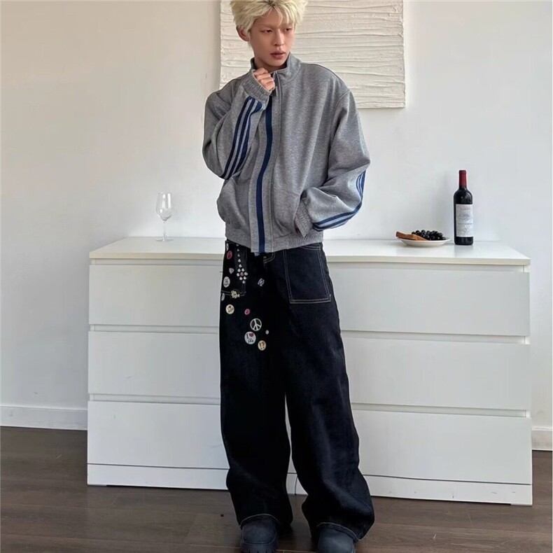 【有货】DB3051-特批70美式街头徽章印花牛仔裤男宽松直筒阔腿裤图片