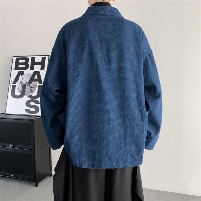 春装24日系复古和服开衫长袖牛仔外套男女宽松无性别情侣衬衫潮,男装衬衫,星座909