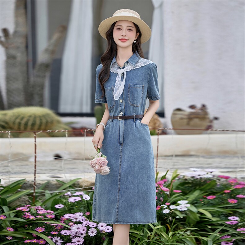 蓓罗拉牛仔夏季连衣裙女夏季新款2025中长款收腰显瘦气质短袖减龄,女装牛仔裙,悦祺