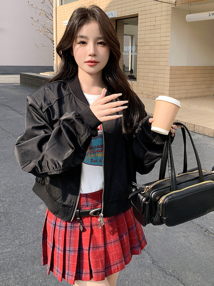 时尚黑色短款外套拼接袖片抽皱设计显瘦百搭潮流女装,女装短外套,鑫慧