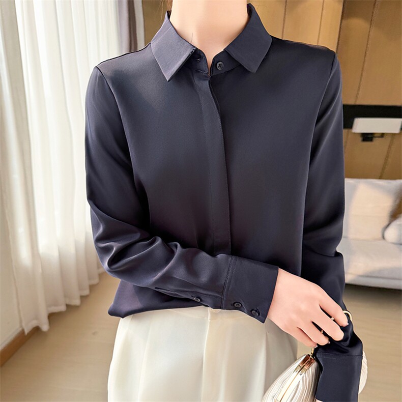 衬衫女Polo长袖春夏新款暗门襟设计感小众气质职业白衬衣,女装衬衫,恩尚羊绒