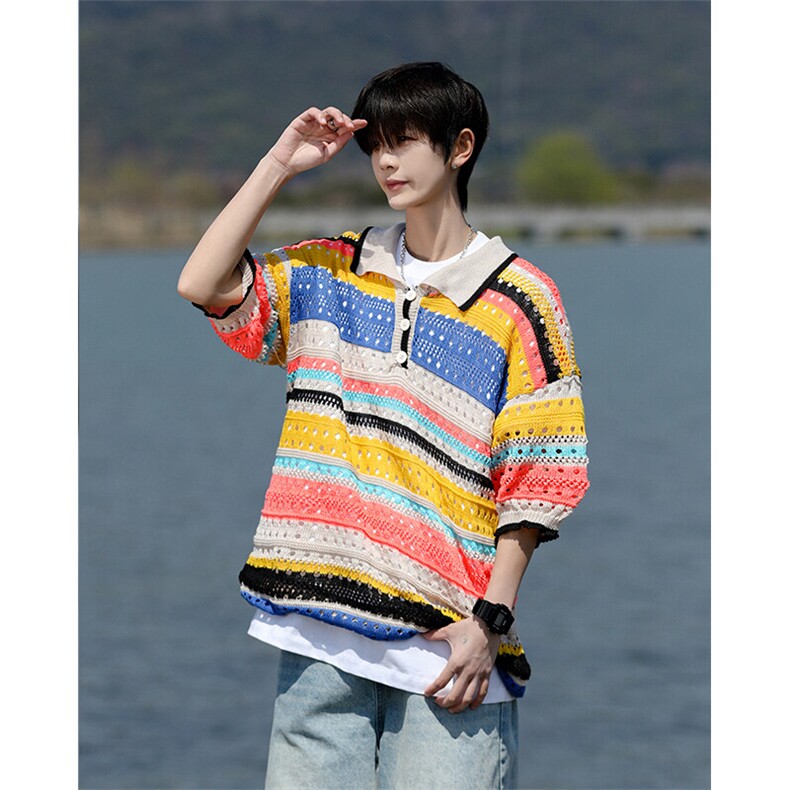 8XL-M特大码美式复古条纹撞色针织POLO衫翻领休闲短袖TDX311P35,男装T恤,电商D206-1