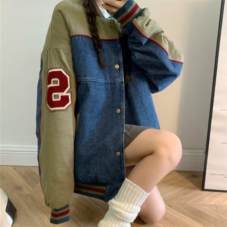 JK8527-P73 美式复古今年流行牛仔外套男女美秋季新款拼接图片