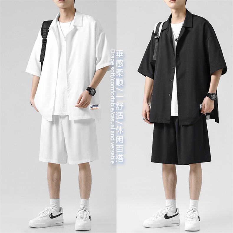 休闲五分袖衬衣服港风日系休闲冰丝短袖外套套装TZ002-特批-58图片